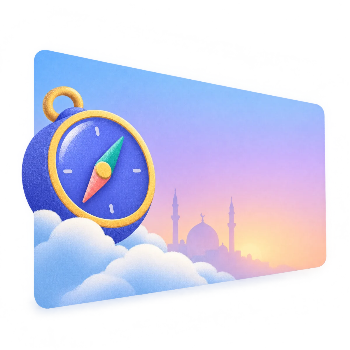 A compass rising from the clouds in front of a mosque at sunrise